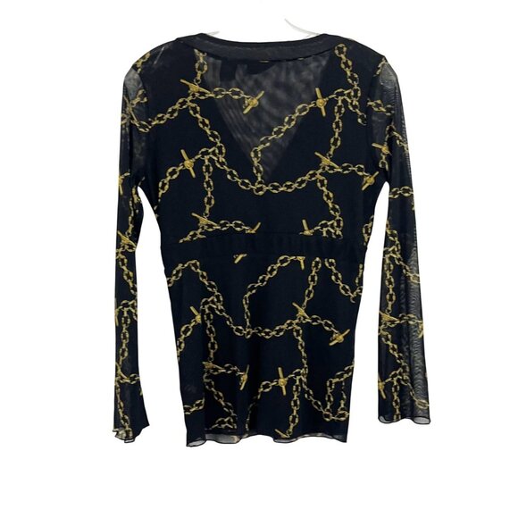 Vintage Y2K Black & Gold Chain Link Print Mesh Long Sleeve V-Neck Top MEDIUM - Picture 2 of 7